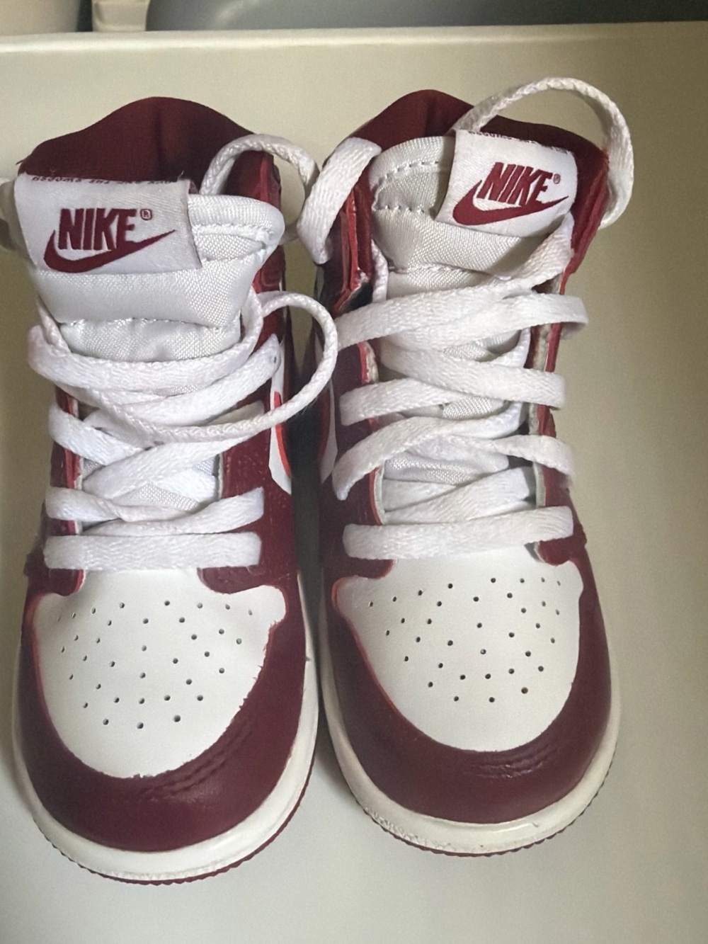 Nike Kids High-Top Sneakers in White and Burgundy Red